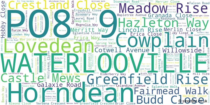 A word cloud for the PO8 9 postcode